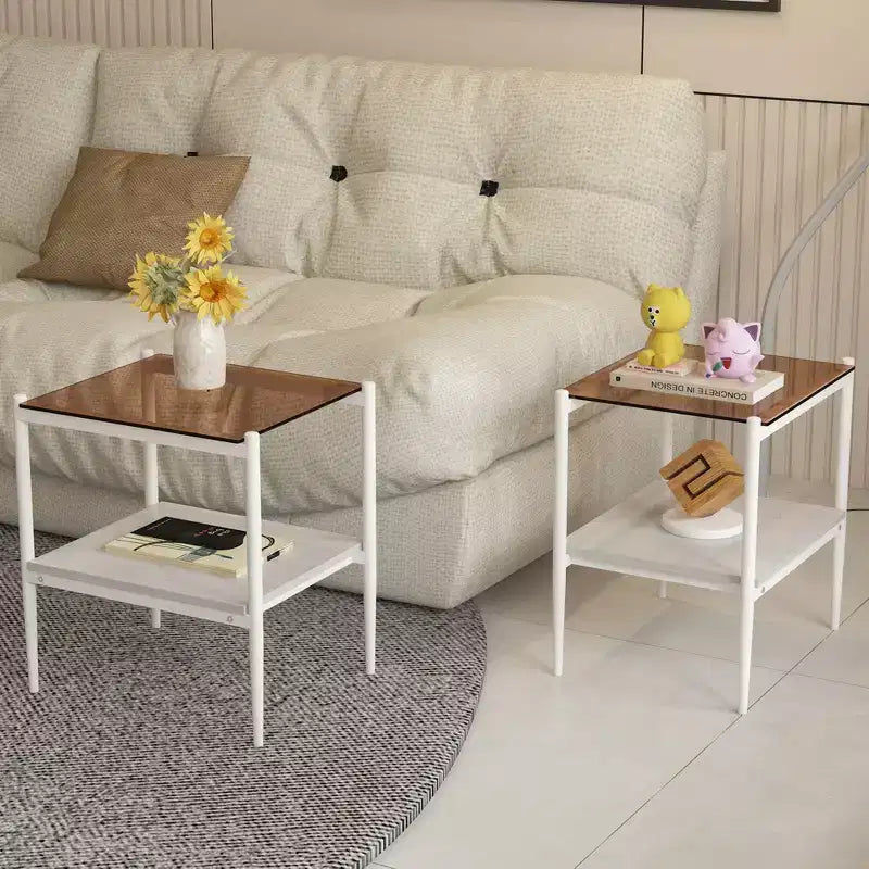 Lot de 2 tables d'appoint rectangulaires avec plateau en verre trempé, pour salon, verre marron