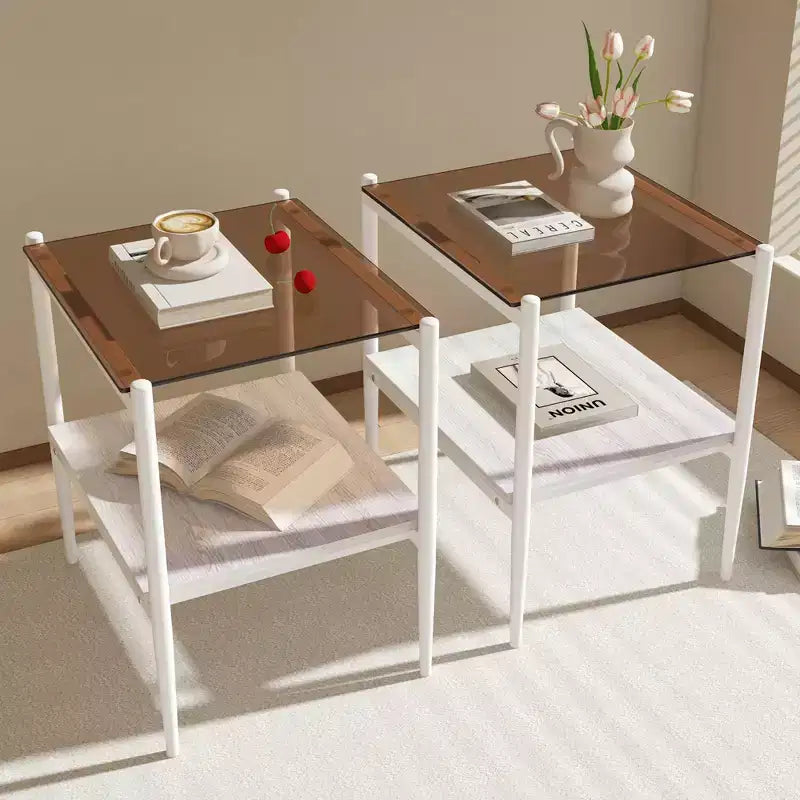 Lot de 2 tables d'appoint rectangulaires avec plateau en verre trempé, pour salon, verre marron
