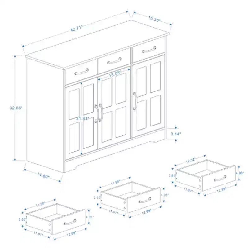 Buffet de style campagnard : 3 portes, 3 tiroirs, parfait pour la salle à manger