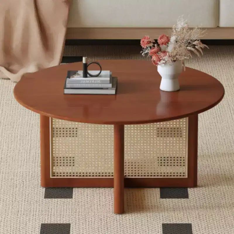 A Natural And Elegant Deep Red Wooden Coffee Table With Artificial Rattan Decorations