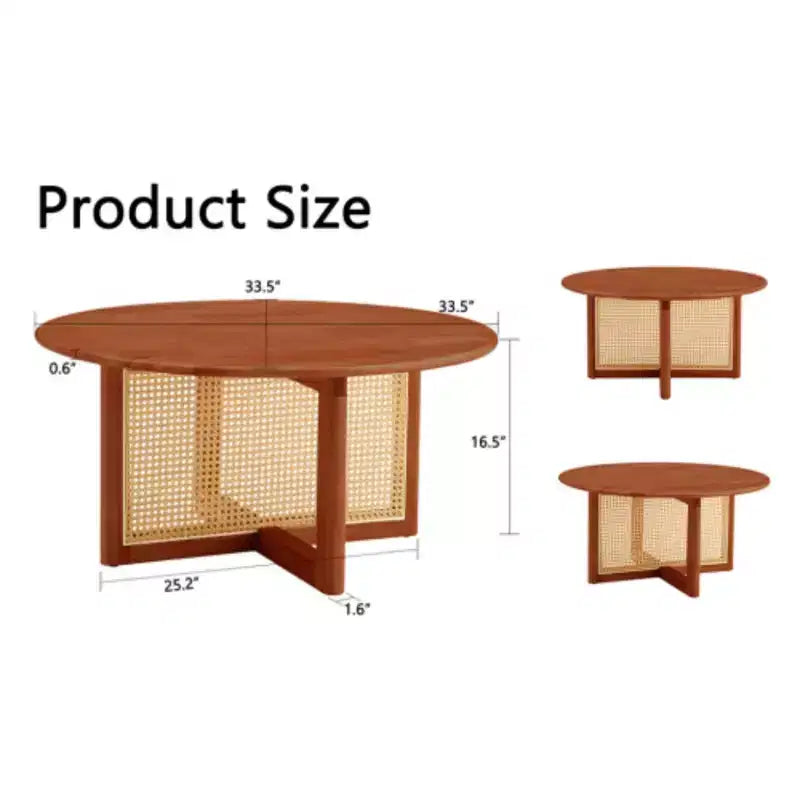 Une table basse en bois rouge foncé, naturelle et élégante, avec des décorations en rotin artificiel