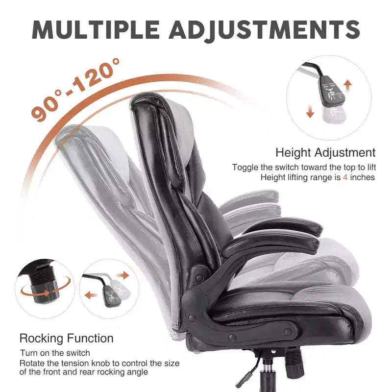 Chaise de bureau en cuir PU avec accoudoirs relevables réglables, support lombaire et base métallique robuste