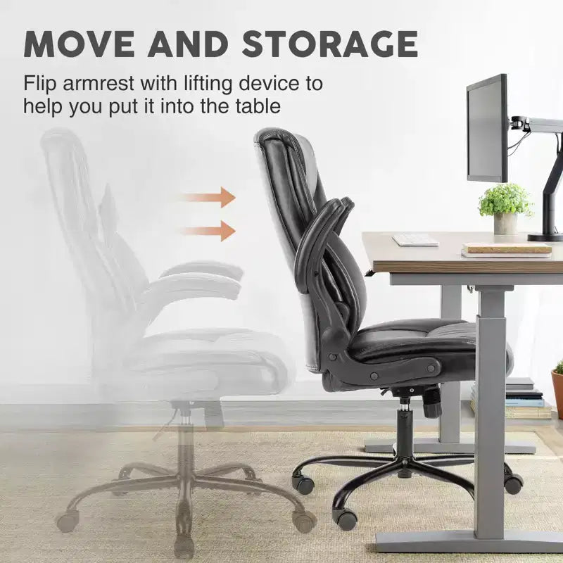 Chaise de bureau en cuir PU avec accoudoirs relevables réglables, support lombaire et base métallique robuste