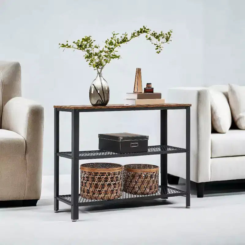 Console industrielle 40", table d'entrée à 3 niveaux avec étagère de rangement, table de canapé étroite pour salon, couloir, entrée, chambre
