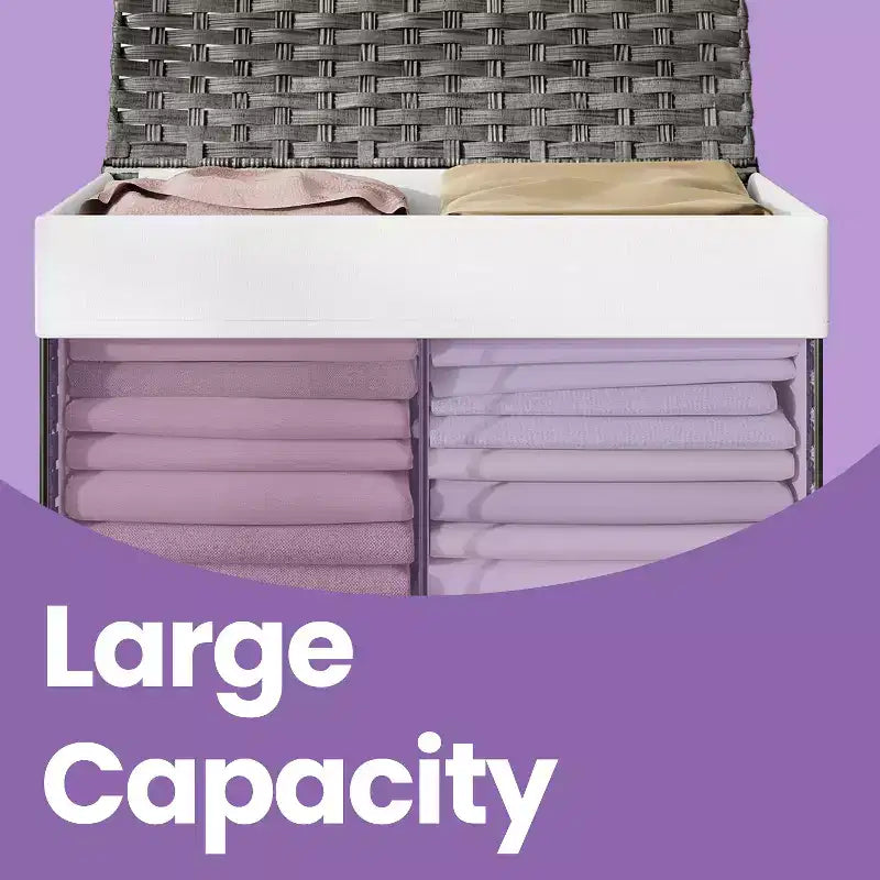 Panier de rangement avec couvercle, 105 L (27,7 gallons US) Tressé. Comprend des poignées, une doublure amovible et un cadre métallique.
