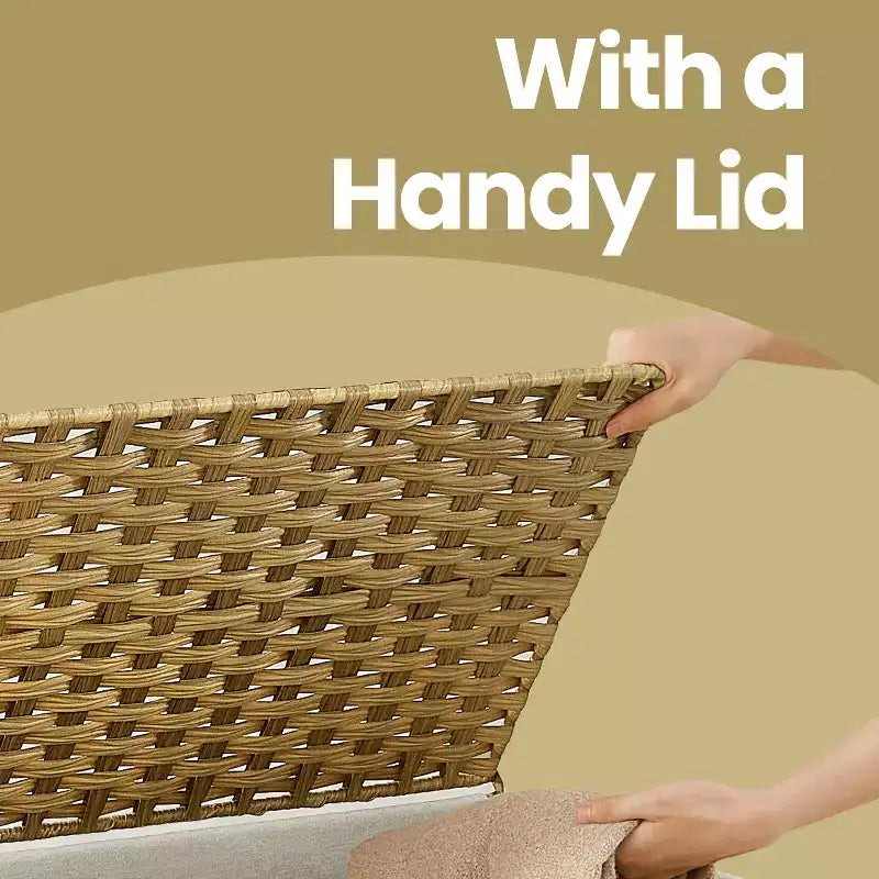 Panier de rangement avec couvercle, 105 L (27,7 gallons US) Tressé. Comprend des poignées, une doublure amovible et un cadre métallique.