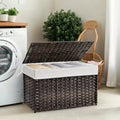 Storage Basket with Lid, 27.7 Gallon (105L) Woven Storage Bin. Features handles, a removable liner, and a metal frame.