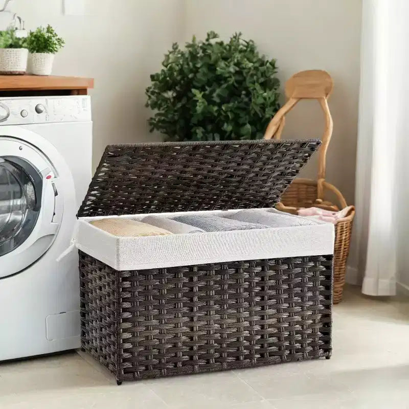 Storage Basket with Lid, 27.7 Gallon (105L) Woven Storage Bin. Features handles, a removable liner, and a metal frame.