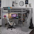 Whisen 94.4''L*57.4''W Wood Loft Bed with L-Shaped Desk and Drawers, Cabinet and Storage Staircase