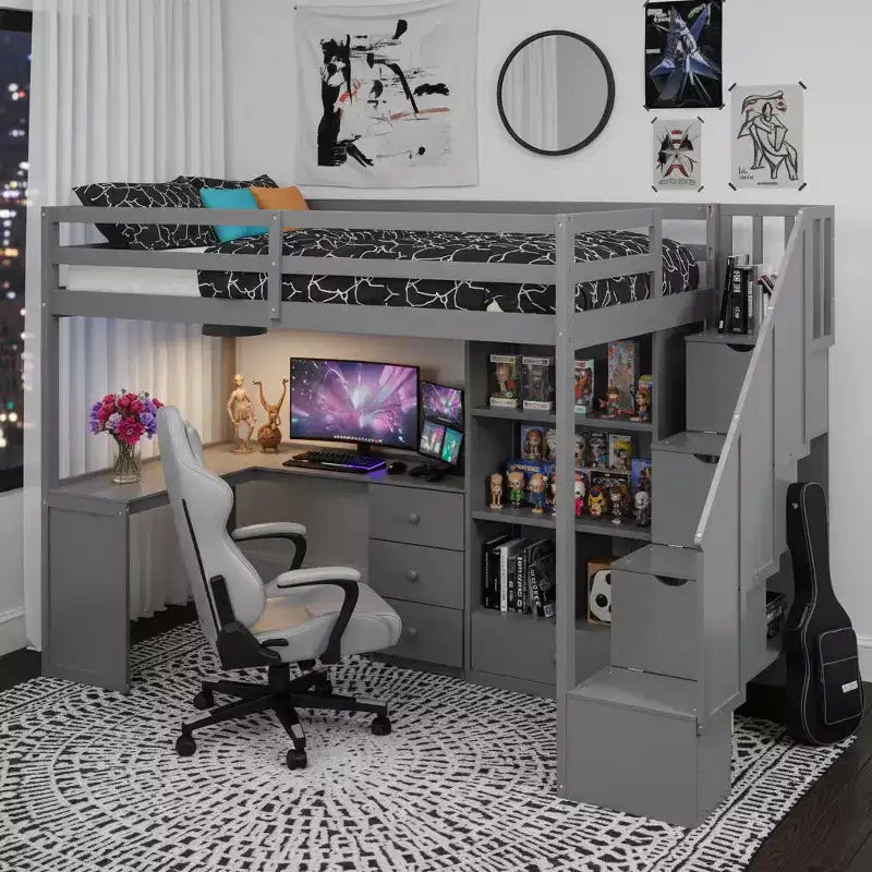 Whisen 94.4''L*57.4''W Wood Loft Bed with L-Shaped Desk and Drawers, Cabinet and Storage Staircase
