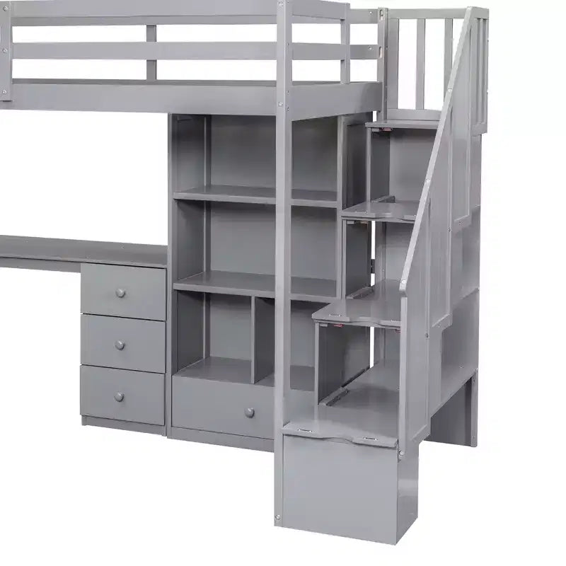 Lit mezzanine en bois avec bureau en L et tiroirs, armoire et escalier de rangement