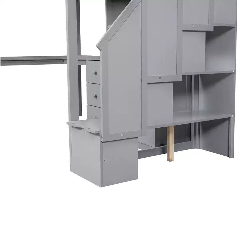 Lit mezzanine en bois avec bureau en L et tiroirs, armoire et escalier de rangement