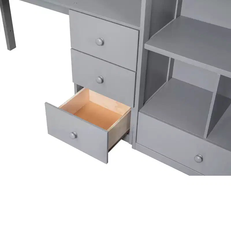 Lit mezzanine en bois avec bureau en L et tiroirs, armoire et escalier de rangement