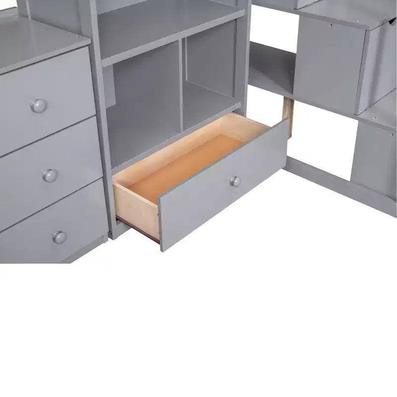 Lit mezzanine en bois avec bureau en L et tiroirs, armoire et escalier de rangement