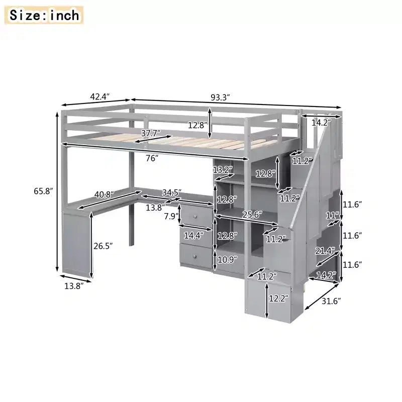 Lit mezzanine en bois avec bureau en L et tiroirs, armoire et escalier de rangement