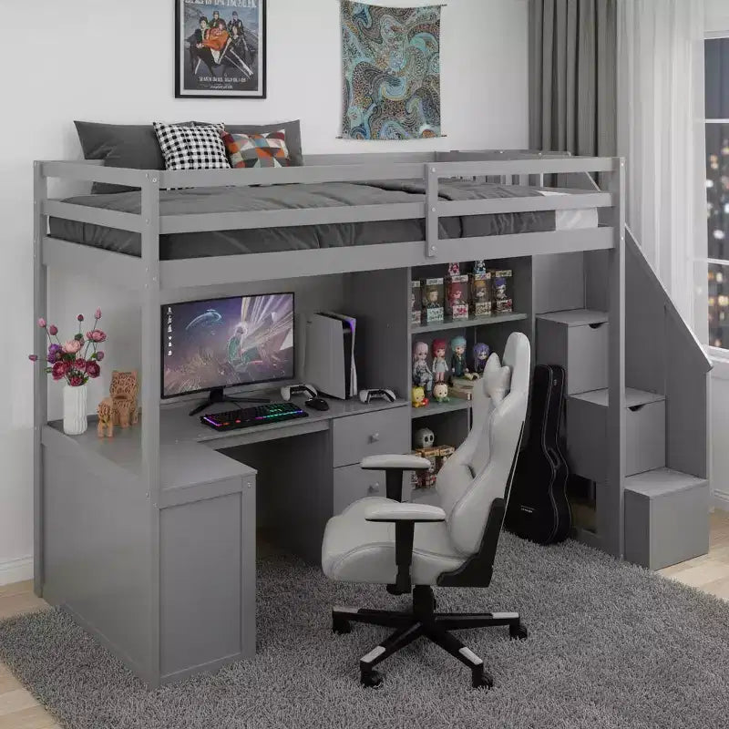 Lit mezzanine en bois avec bureau en L et tiroirs, armoire et escalier de rangement