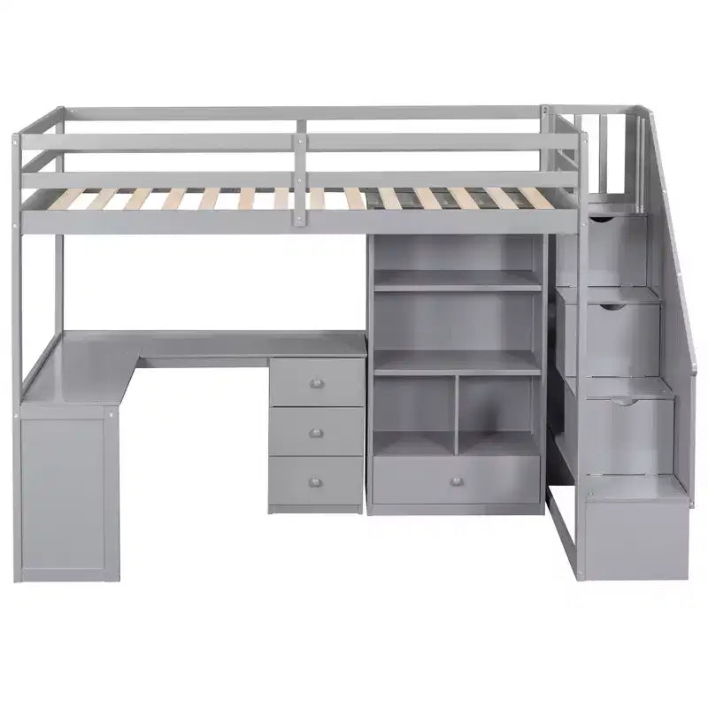 Lit mezzanine en bois avec bureau en L et tiroirs, armoire et escalier de rangement
