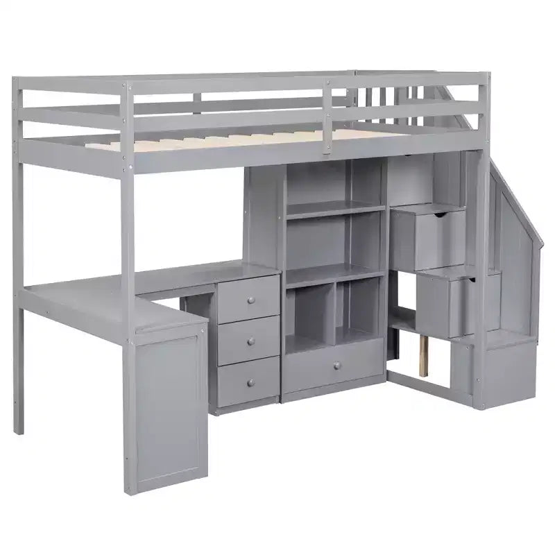 Lit mezzanine en bois avec bureau en L et tiroirs, armoire et escalier de rangement