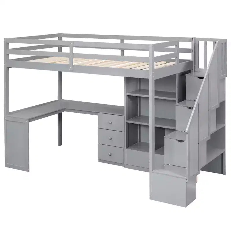 Lit mezzanine en bois avec bureau en L et tiroirs, armoire et escalier de rangement