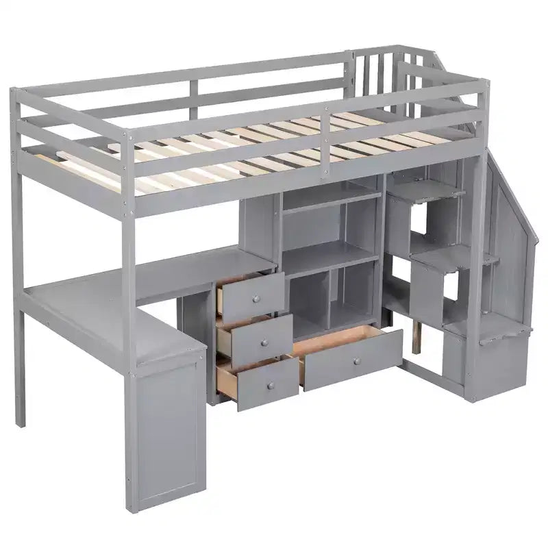 Lit mezzanine en bois avec bureau en L et tiroirs, armoire et escalier de rangement