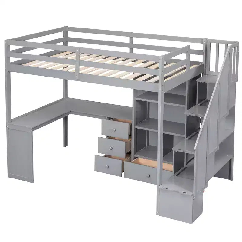 Lit mezzanine en bois avec bureau en L et tiroirs, armoire et escalier de rangement
