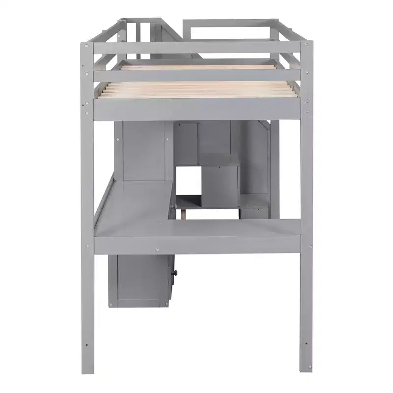 Lit mezzanine en bois avec bureau en L et tiroirs, armoire et escalier de rangement