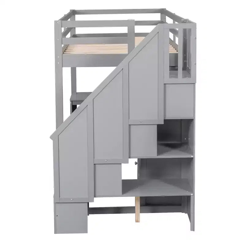Lit mezzanine en bois avec bureau en L et tiroirs, armoire et escalier de rangement