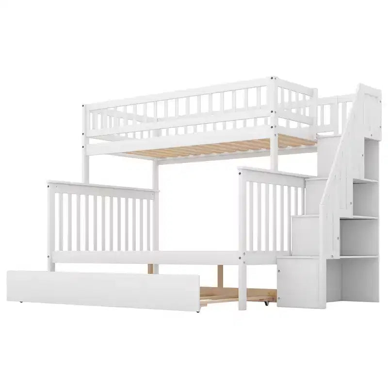 Lit superposé jumeau sur grand lit avec lit gigogne et escalier de rangement