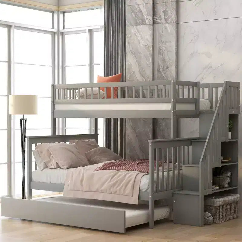 Whisen Twin over Full Bunk Bed with Trundle and Storage Staircase