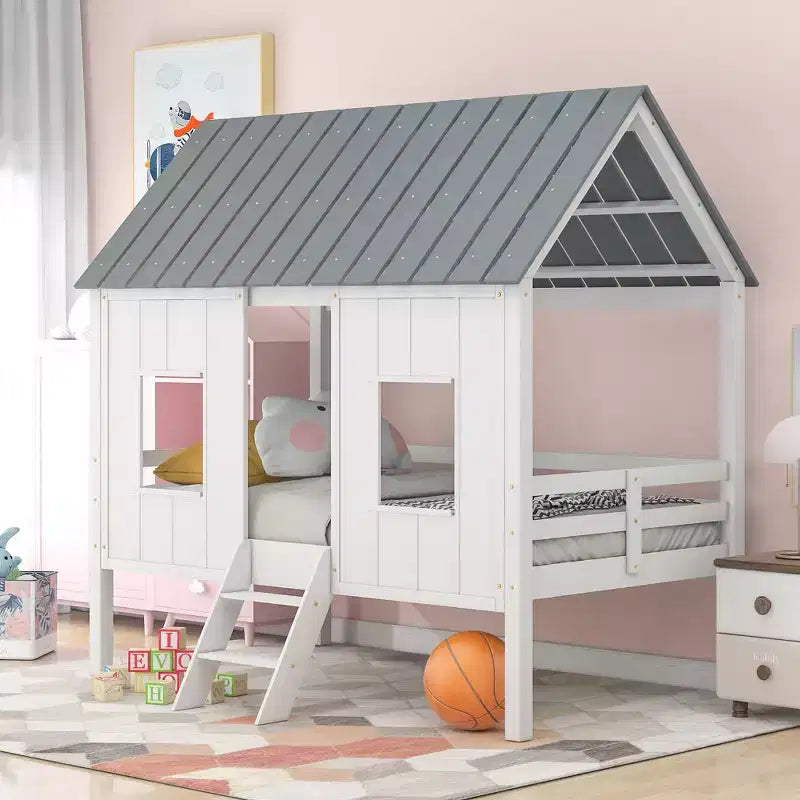 Whisen 80.4''L  45.2''W  71.4H Twin Size House-shaped Low Loft Bed with Roof and Two Front Windows - White