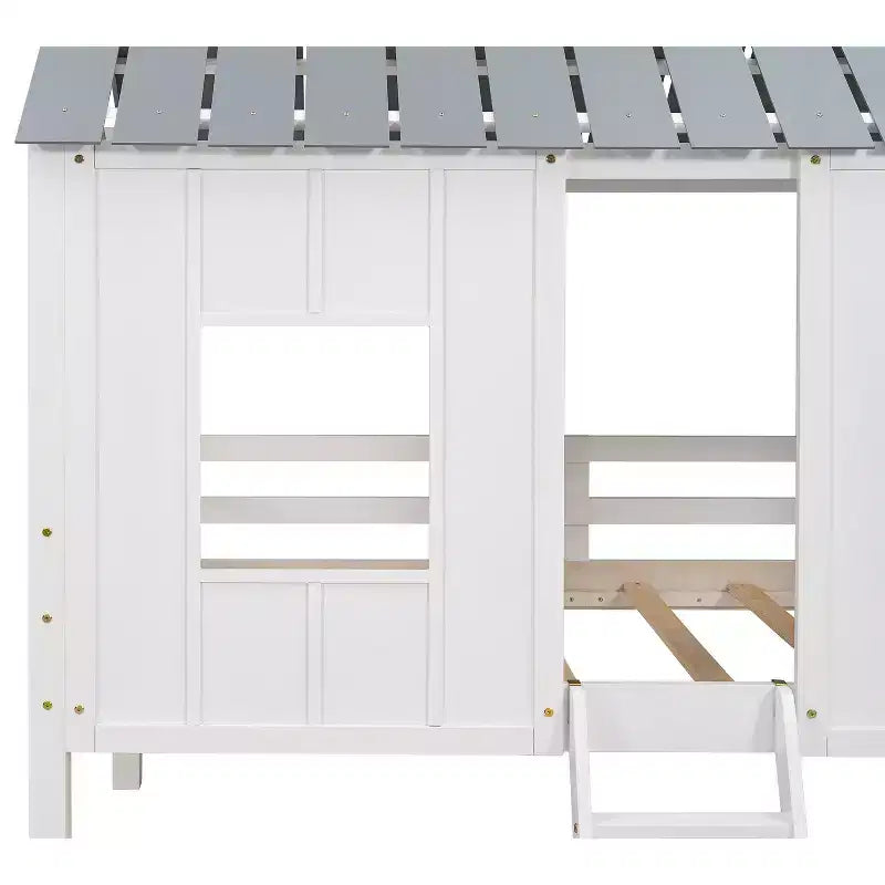 Lit mezzanine bas en forme de maison taille jumelle avec toit et deux fenêtres avant - Blanc