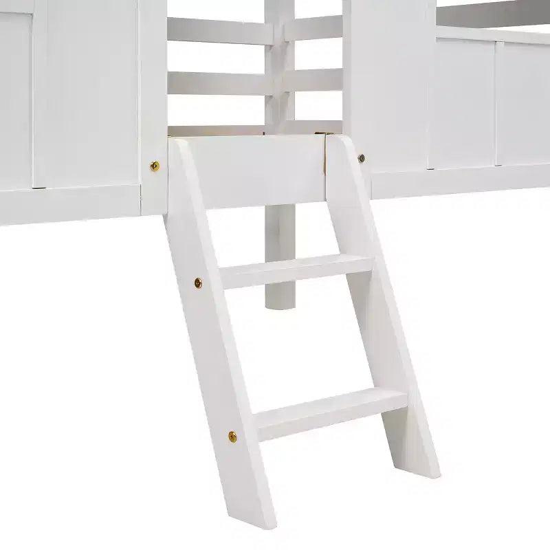Lit mezzanine bas en forme de maison taille jumelle avec toit et deux fenêtres avant - Blanc