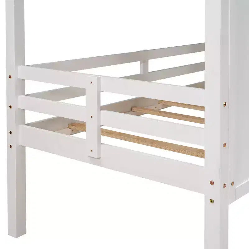Lit mezzanine bas en forme de maison taille jumelle avec toit et deux fenêtres avant - Blanc