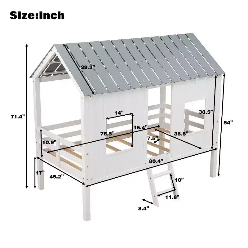 Lit mezzanine bas en forme de maison taille jumelle avec toit et deux fenêtres avant - Blanc
