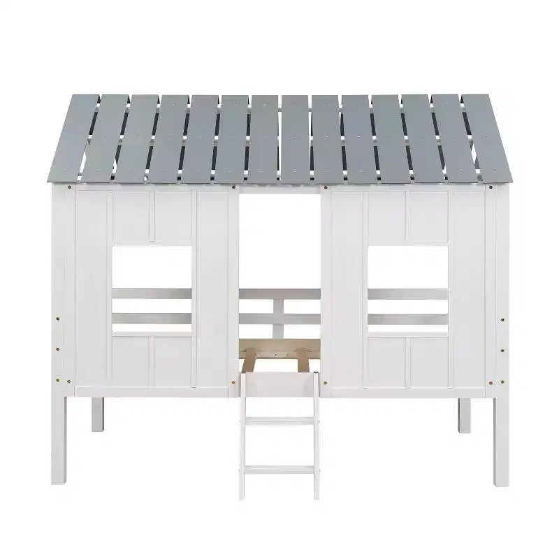 Lit mezzanine bas en forme de maison taille jumelle avec toit et deux fenêtres avant - Blanc