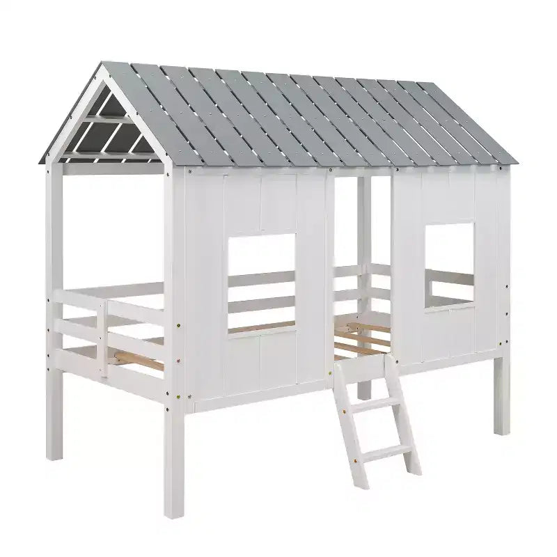 Lit mezzanine bas en forme de maison taille jumelle avec toit et deux fenêtres avant - Blanc