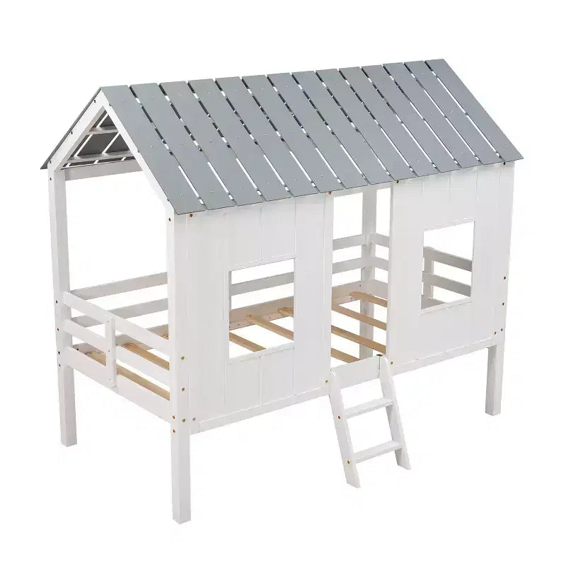 Lit mezzanine bas en forme de maison taille jumelle avec toit et deux fenêtres avant - Blanc