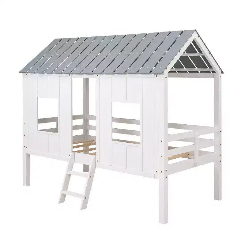 Lit mezzanine bas en forme de maison taille jumelle avec toit et deux fenêtres avant - Blanc