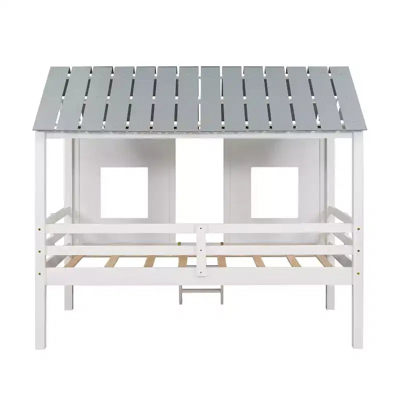 Lit mezzanine bas en forme de maison taille jumelle avec toit et deux fenêtres avant - Blanc