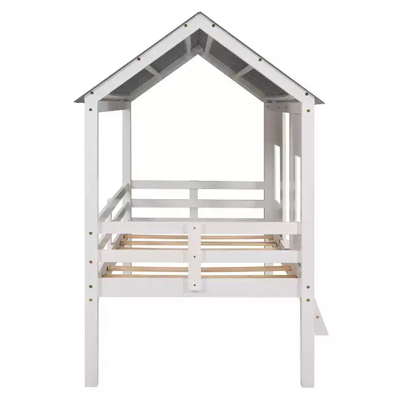 Lit mezzanine bas en forme de maison taille jumelle avec toit et deux fenêtres avant - Blanc