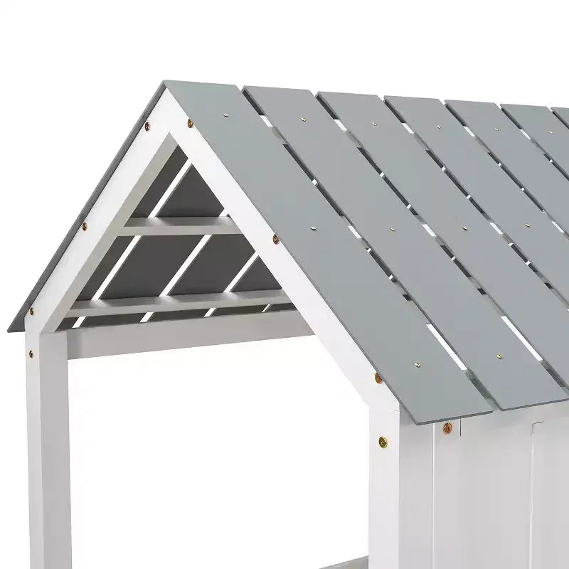 Lit mezzanine bas en forme de maison taille jumelle avec toit et deux fenêtres avant - Blanc