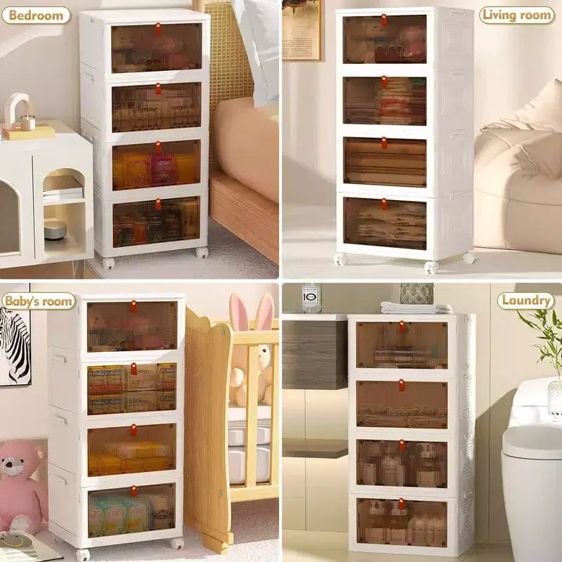 Bacs de rangement pliables à 3/4 niveaux, casiers à jouets en plastique, organisateur de vêtements empilable avec roulettes verrouillables, blanc