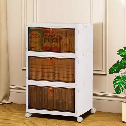 VECELO 3/4 Tier Foldable Storage Bins, Plastic Toy Lockers, Clothes Stackable Organizer With Lockable Wheels, White