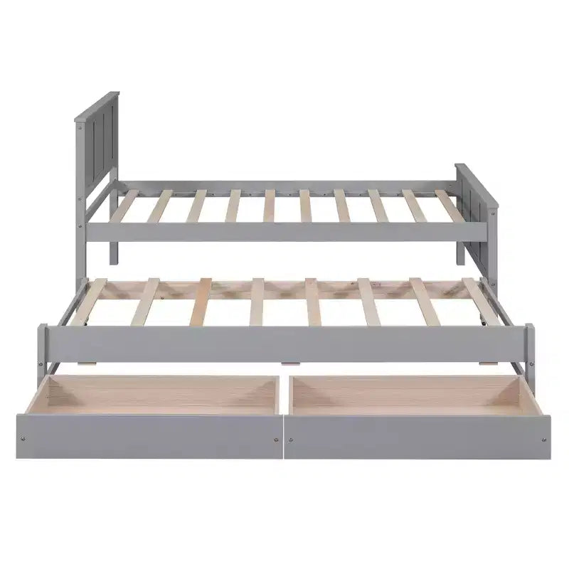 Lit plateforme jumeau en bois avec lit gigogne et tiroirs