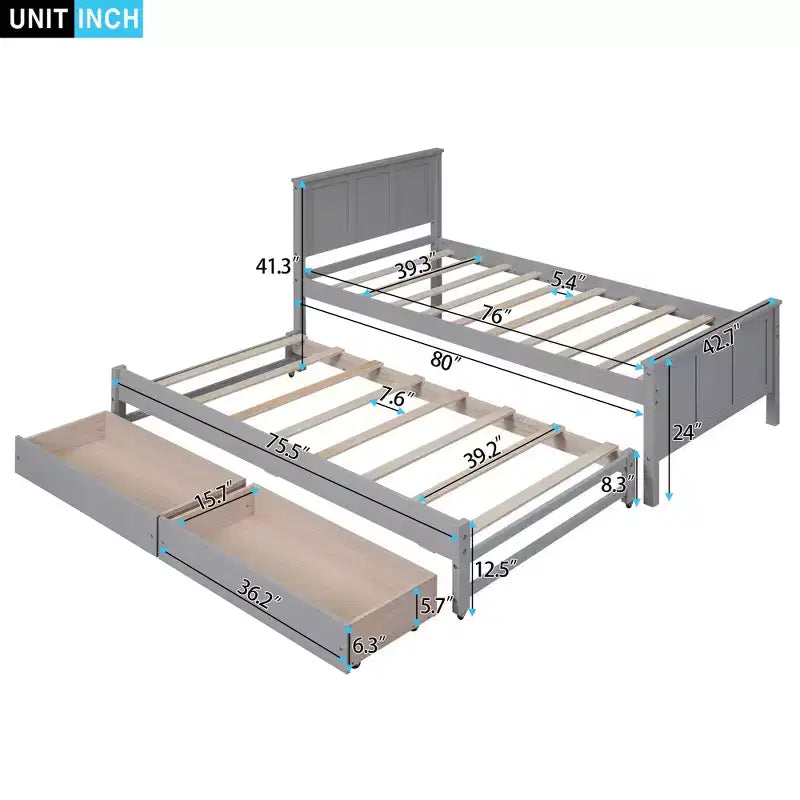 Lit plateforme jumeau en bois avec lit gigogne et tiroirs