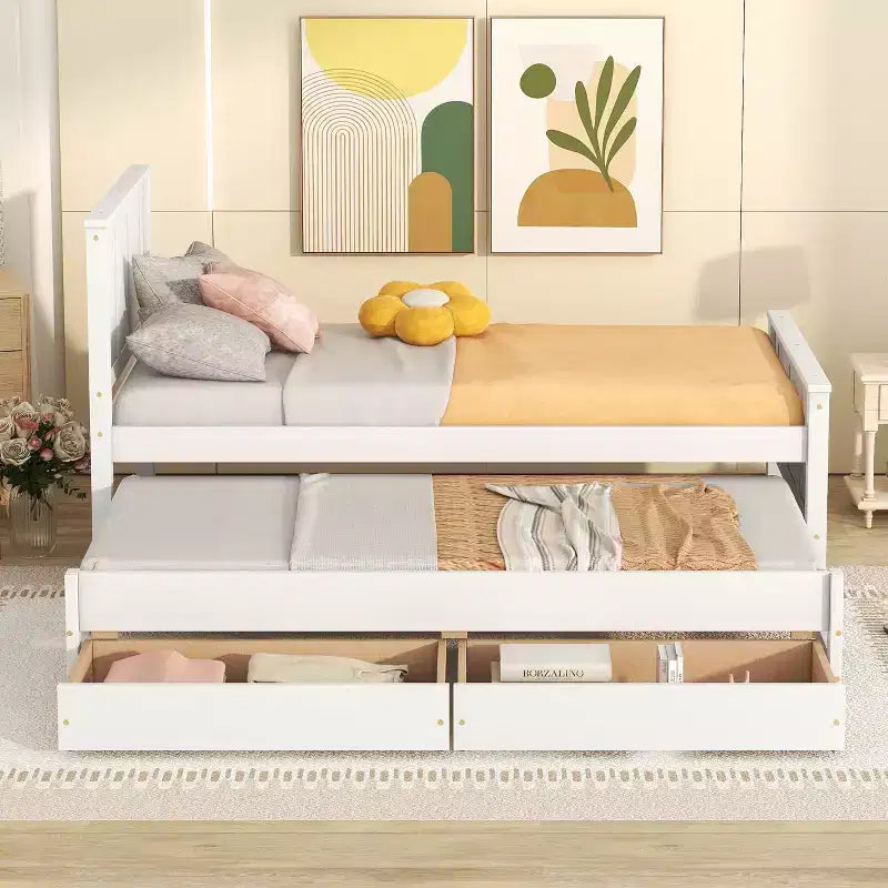 Lit plateforme jumeau en bois avec lit gigogne et tiroirs