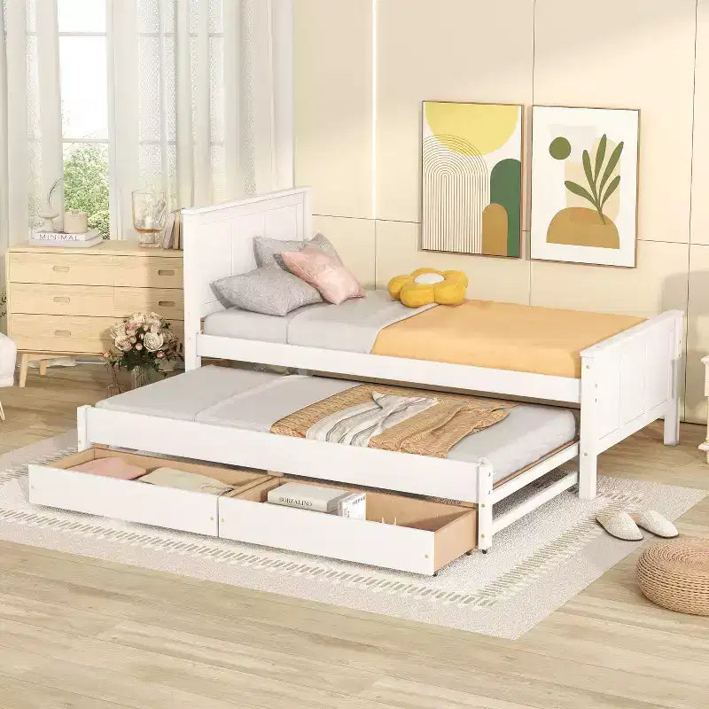 Lit plateforme jumeau en bois avec lit gigogne et tiroirs