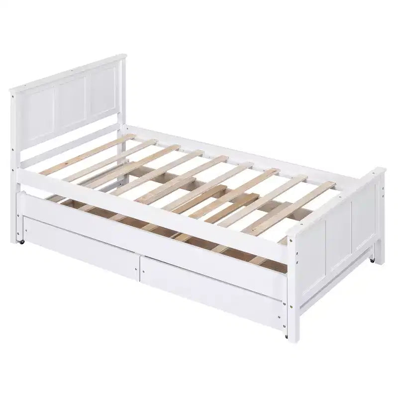 Lit plateforme jumeau en bois avec lit gigogne et tiroirs