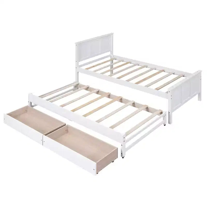 Lit plateforme jumeau en bois avec lit gigogne et tiroirs