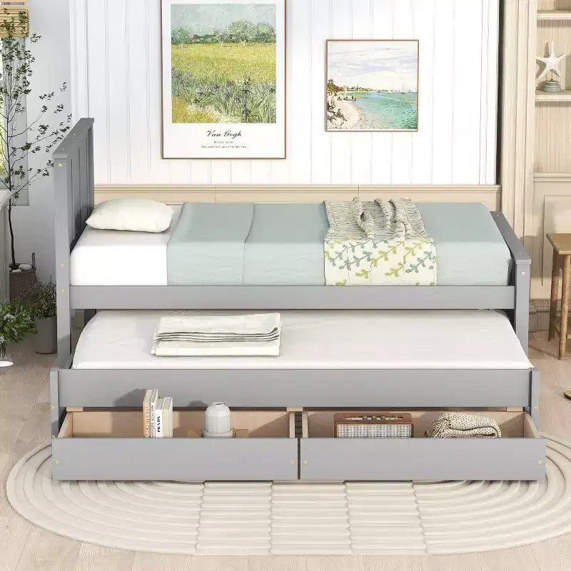 Lit plateforme jumeau en bois avec lit gigogne et tiroirs